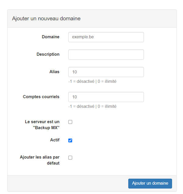 PostfixAdmin ajout d'un nom de domaine